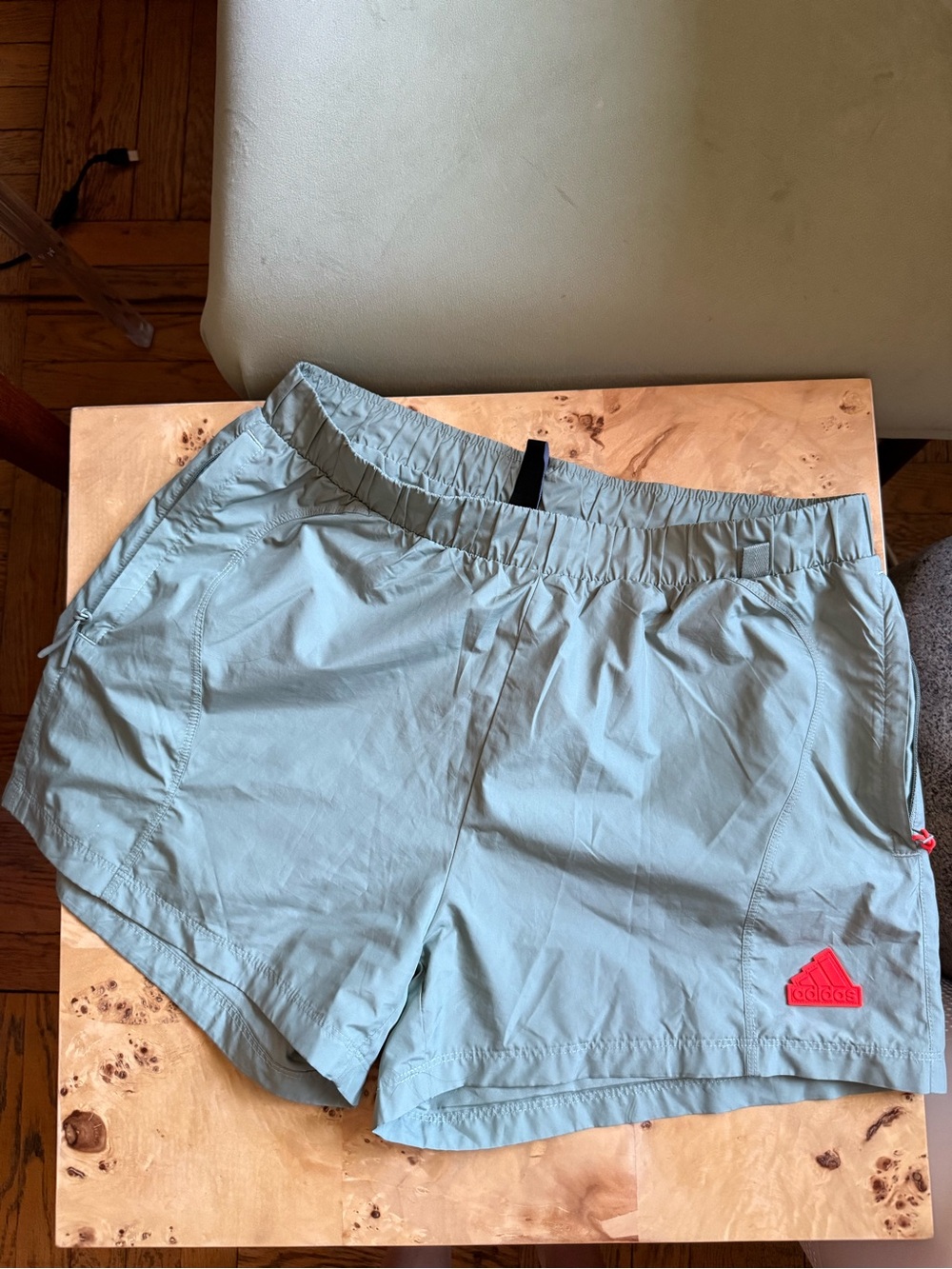 adidas Women’s Light Blue Athletic Shorts with Red Logo